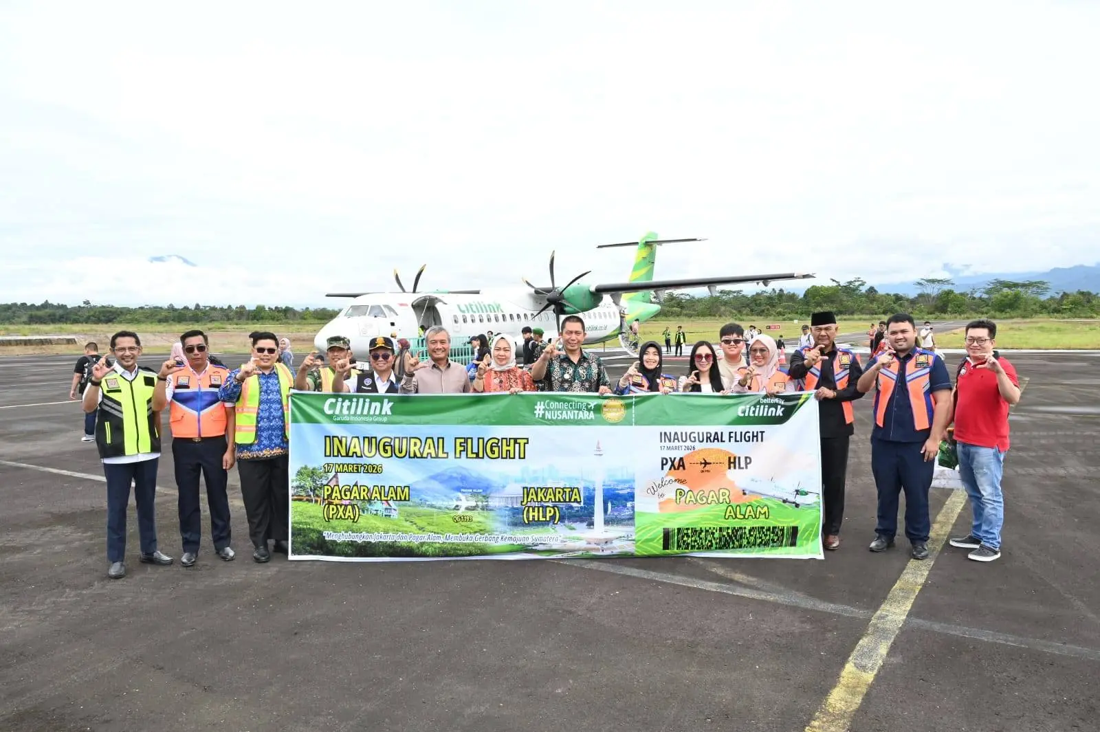 Caption foto: Pendaratan perdana pesawat ATR 72-600 Citilink di Bandara Atung Bungsu Kota Pagar Alam pada Selasa 17 Maret 2026 (Foto/dok: Soprian Ardianto)