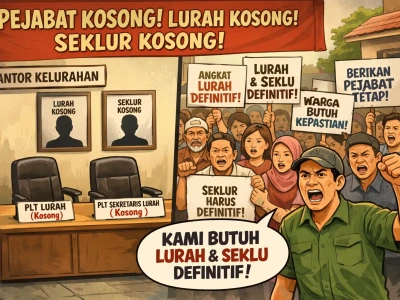 Caption foto: Ilustrasi Warga mendesak Lurah dan Sekretaris Lurah Defenitif (Foto/dok: ChatGPT/Soprian Ardianto)