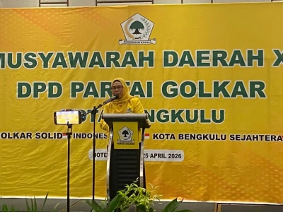 Caption foto: Ketua Terpilih DPD II Partai Golkar Kota Bengkulu, Mardensi saat kata sambutan usai Musda XI Partai Golkar, Sabtu, 25 April 2026 (Foto/dok: Soprian Ardianto)