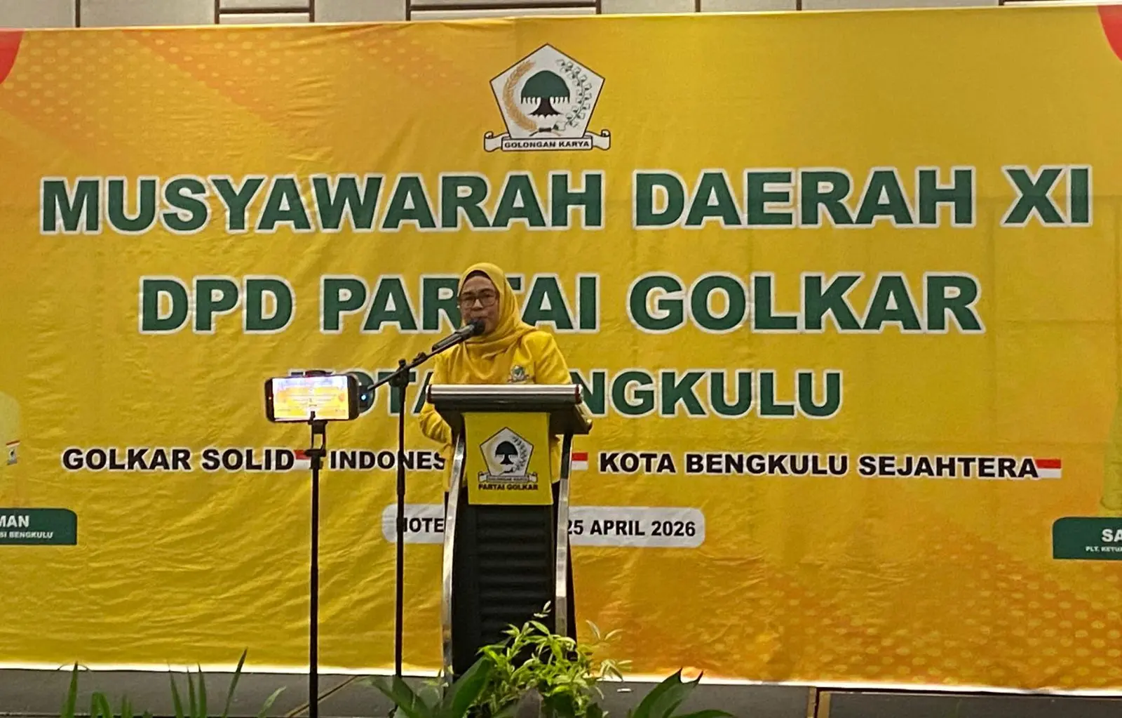 Caption foto: Ketua Terpilih DPD II Partai Golkar Kota Bengkulu, Mardensi saat kata sambutan usai Musda XI Partai Golkar, Sabtu, 25 April 2026 (Foto/dok: Soprian Ardianto)
