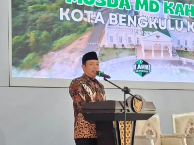 Caption foto: Wali Kota Bengkulu, Dedy Wahyudi saat kata sambutan pembukaan Musda MD KAHMI Kota Bengkulu, Sabtu, 18 Juli 2026 (Foto/dok)