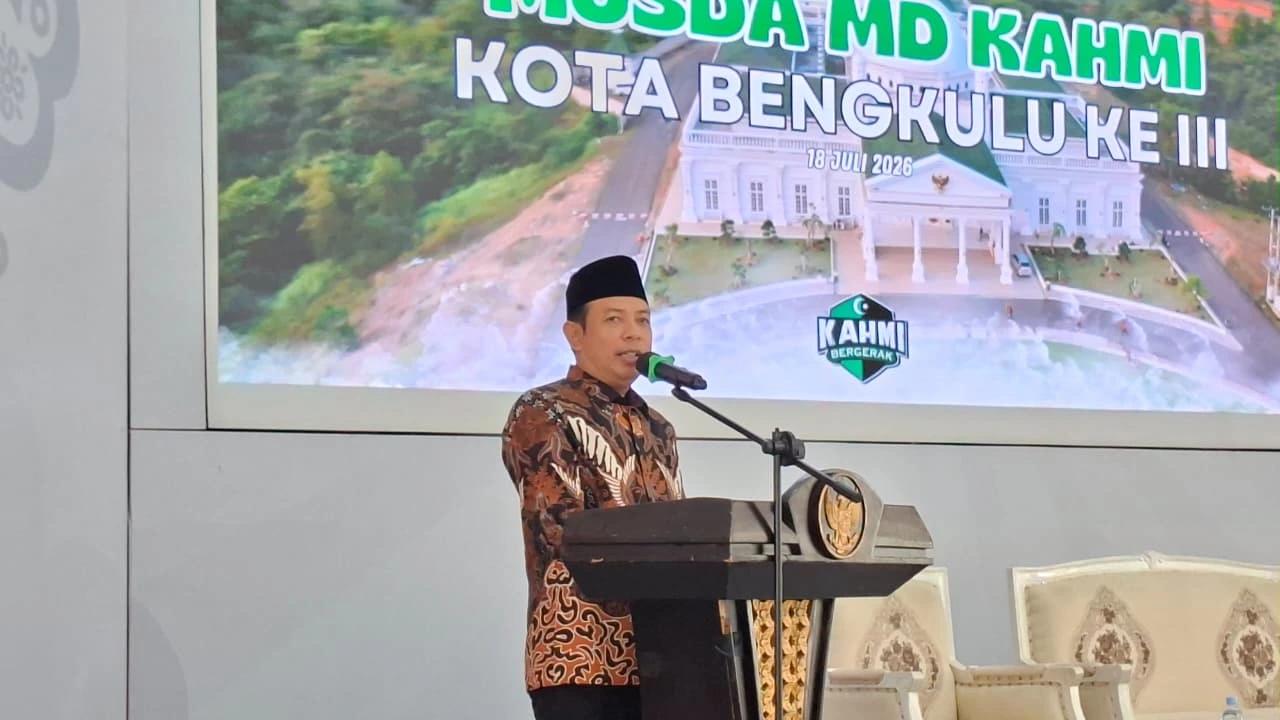 Caption foto: Wali Kota Bengkulu, Dedy Wahyudi saat kata sambutan pembukaan Musda MD KAHMI Kota Bengkulu, Sabtu, 18 Juli 2026 (Foto/dok)